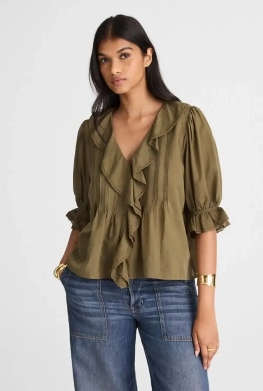 NWT Madewell Pintucked Ruffled Puff-Sleeve Top Green L